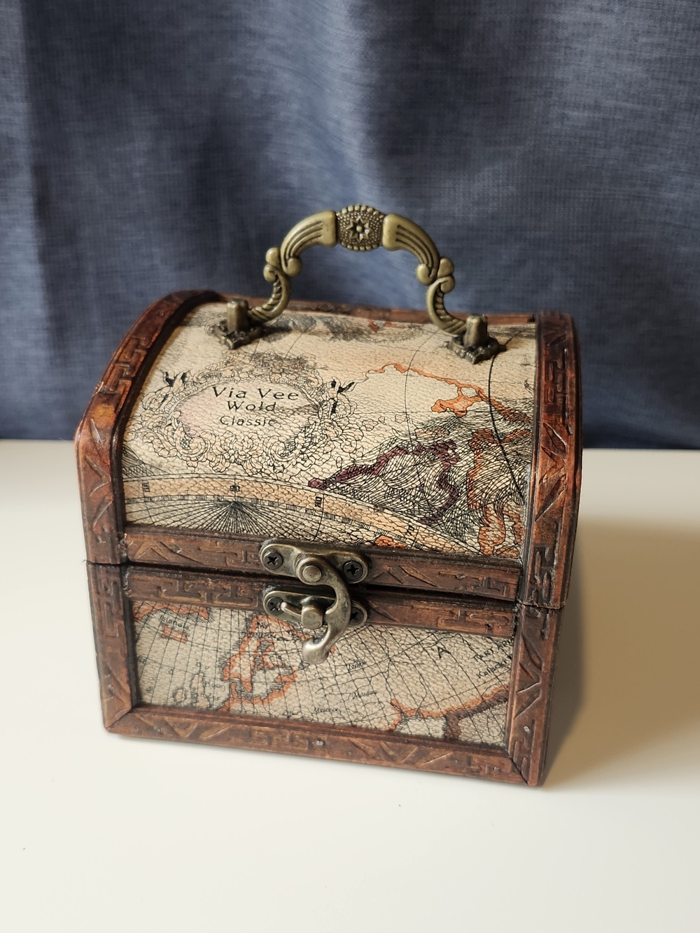 Wooden Small Map Design Jewelry/Trinket Treasure Chest/Box Via Vee World 5x5"